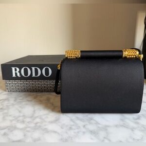 Rodo Black Satin Top-Handle Evening Bag with Black Strap and Gold Hardware